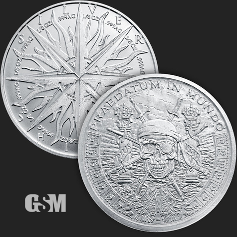 Beautiful Pirate Skull & Sun Compass Front & Back of 1 oz .999 Silver Coin